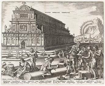 PHILIP GALLE (AFTER MAERTEN VAN HEEMSKERCK) The Seven Wonders of the World and the Ruins of the Colosseum.